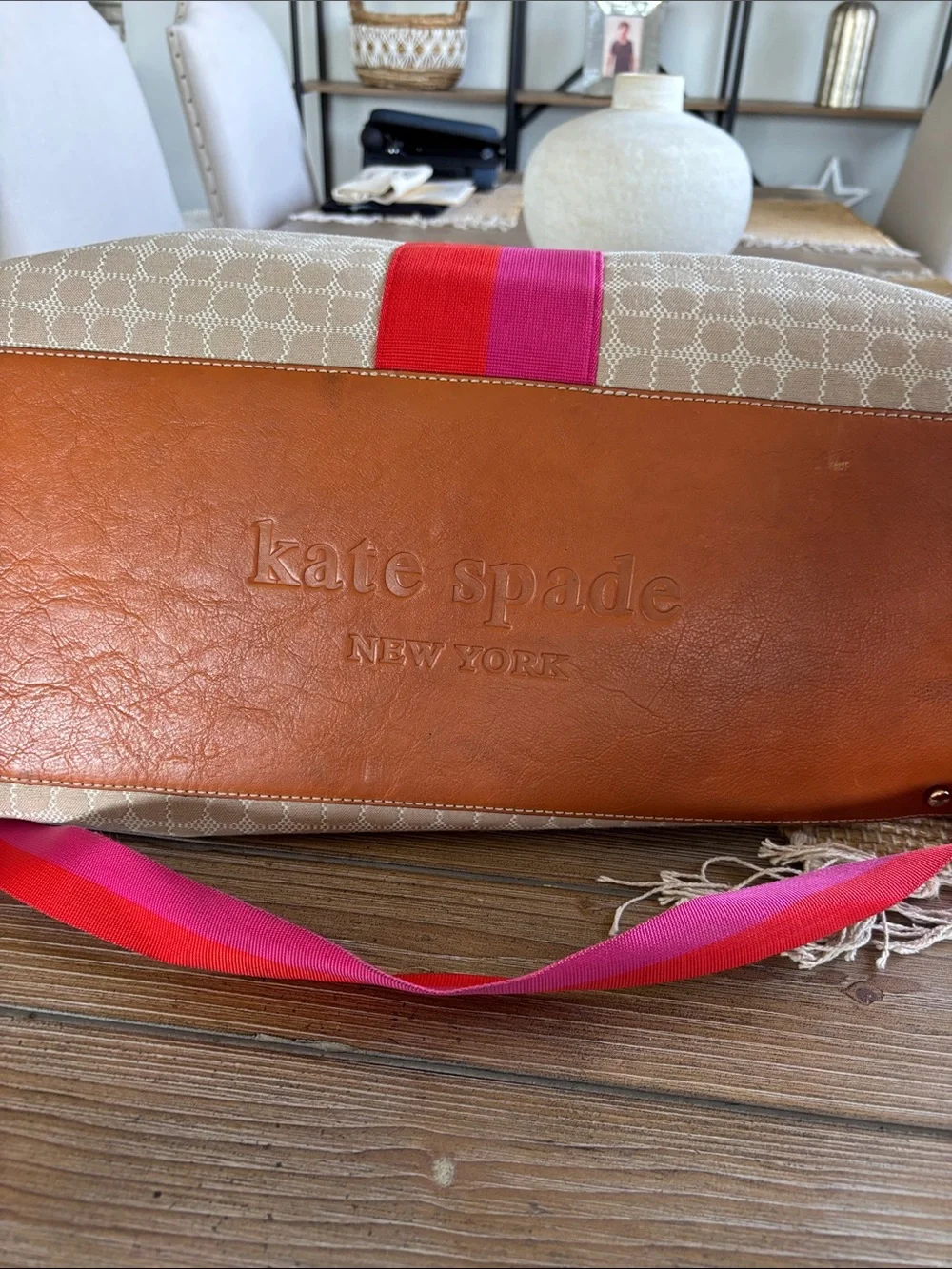 kate spade Beige Monogram Travel Tote with Pink and Red Stripe